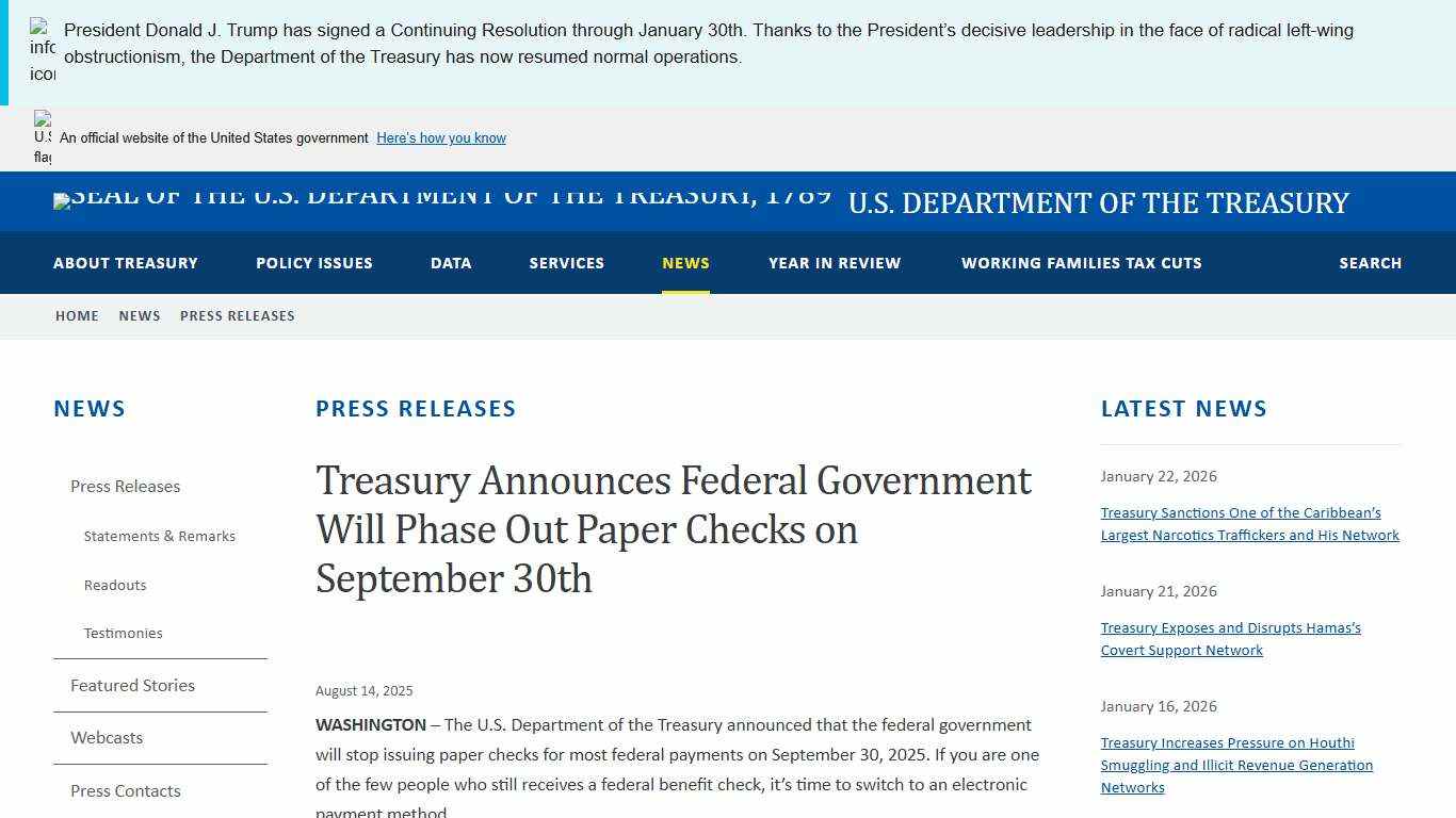 Treasury Announces Federal Government Will Phase Out Paper Checks on September 30th U.S. Department of the Treasury